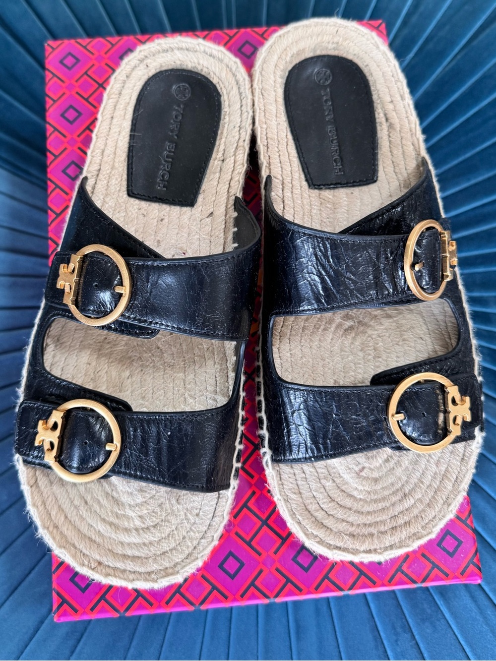 Tory Burch Black Leather, Shelby Two-Band Espadrille Slide Sandals - Picture 2 of 6